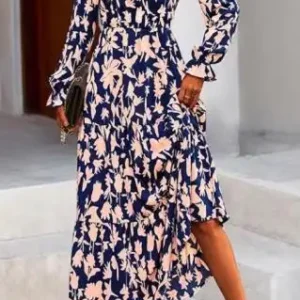 Vestido longo estampado de manga comprida com decote em V