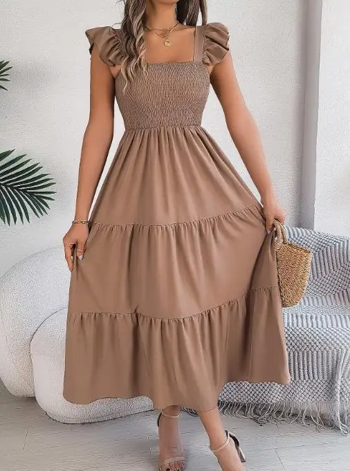 Vestido longo evasê de cor sólida. - Imagem 4